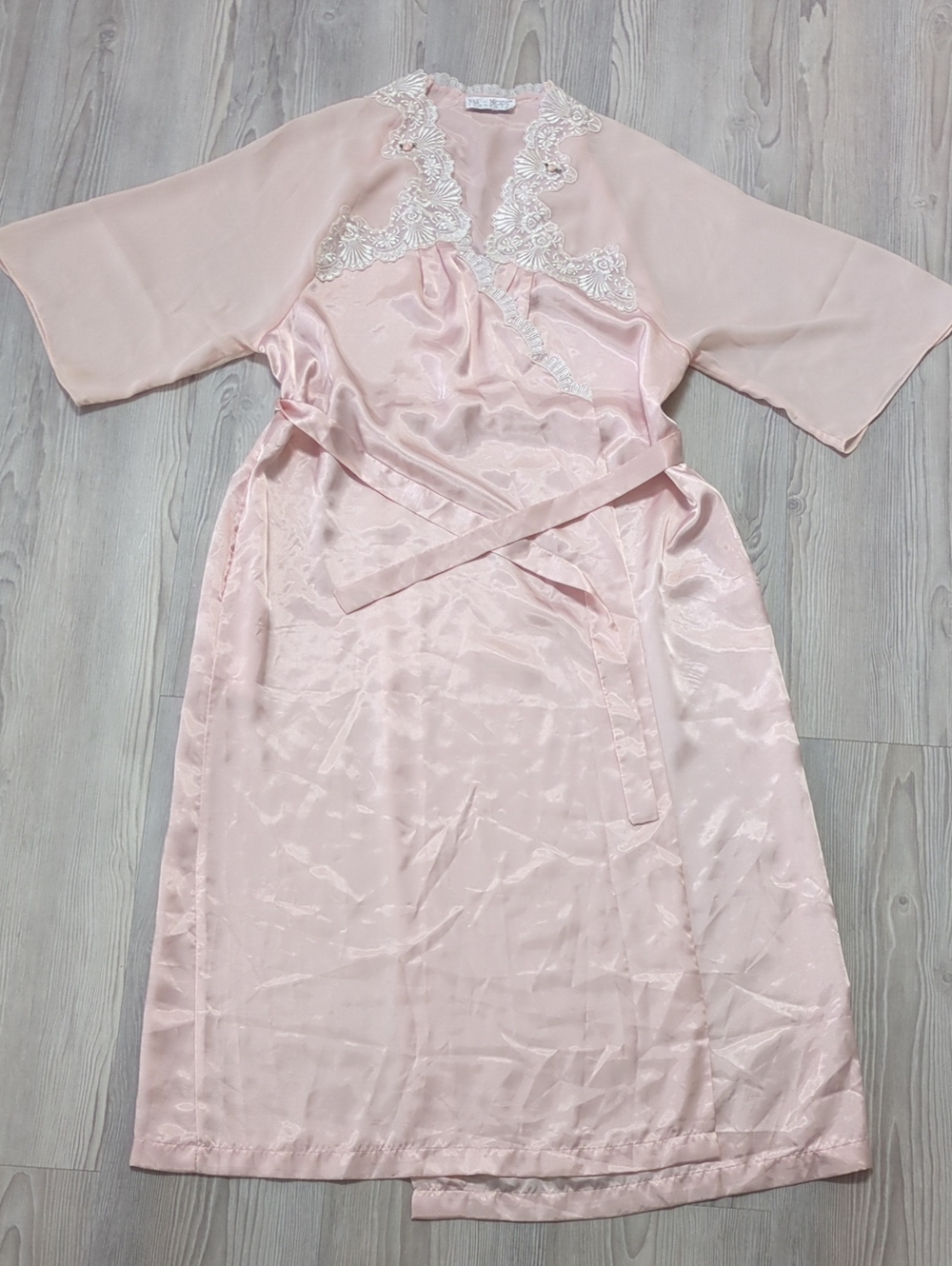Val Mode Lingerie Pink Satin Lace Robe Dressing Gown Vintage Style M/L peignoir